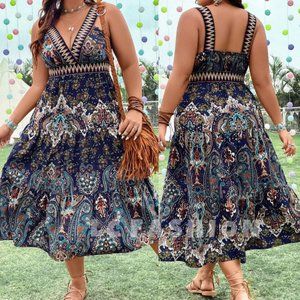 Plus Size Boho Floral Dress,Paisley Print Ruffle Hem Cami Dress,Sleeveless Dress